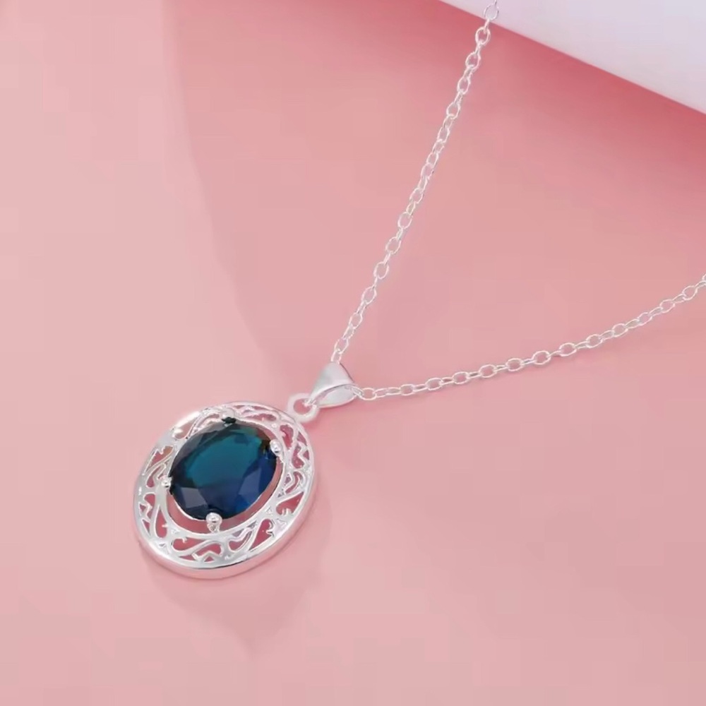 Sterling Silver Blue Gem Oval Pendant Necklace